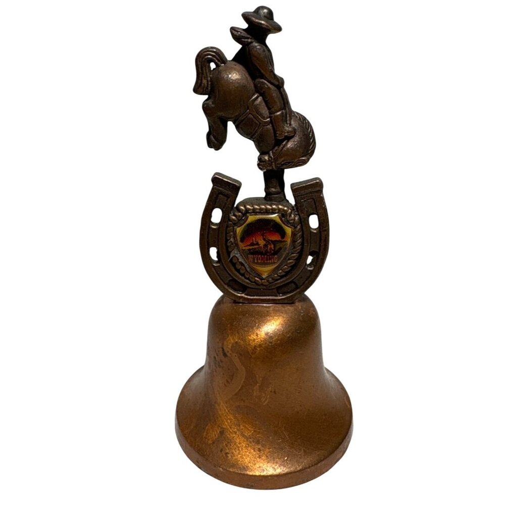 Vintage Wyoming Souvenir Copper Bell With Cowboy & Bucking Horse Horseshoe